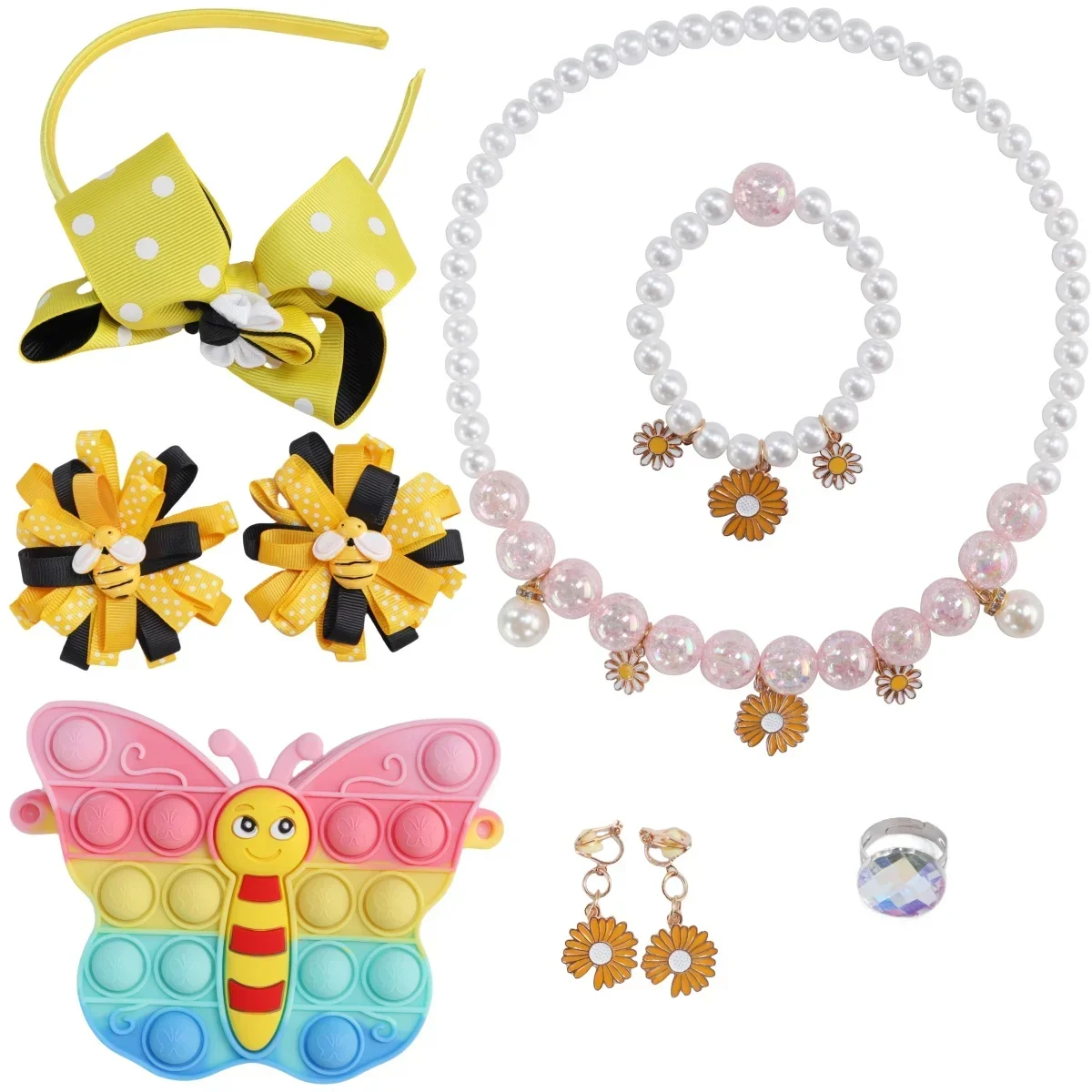 

Набор детских украшений для девочек из 9 предметов: ожерелье, браслет, кольцо, серьги, заколки для волос, сумочка. Новинка, подарок на день рождения.