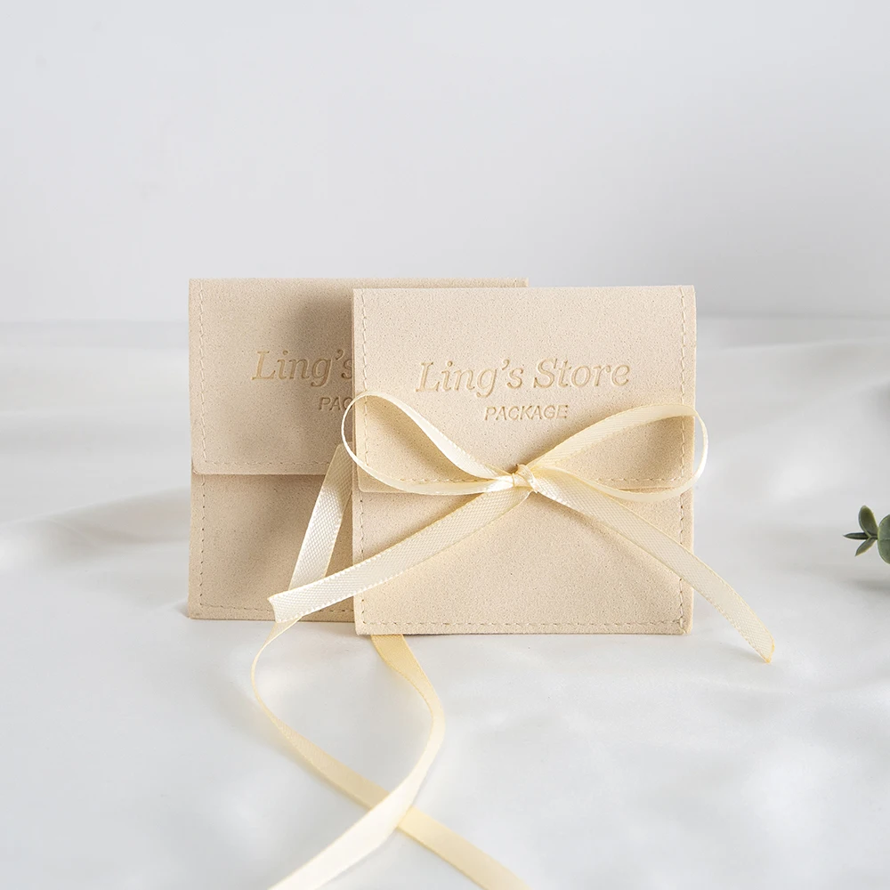 50Pcs Beige Microfiber Jewelry Half Cover With Ribbon Bag Wedding Favors Gift Packaging Earring Bracelet Elegant Bowknot Pouches