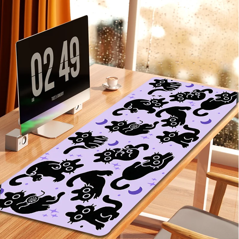 Extra-Large Black Cats Gaming Mouse Pad - Non-Slip Rubber Base, Stitched Edges, 35.4x15.7