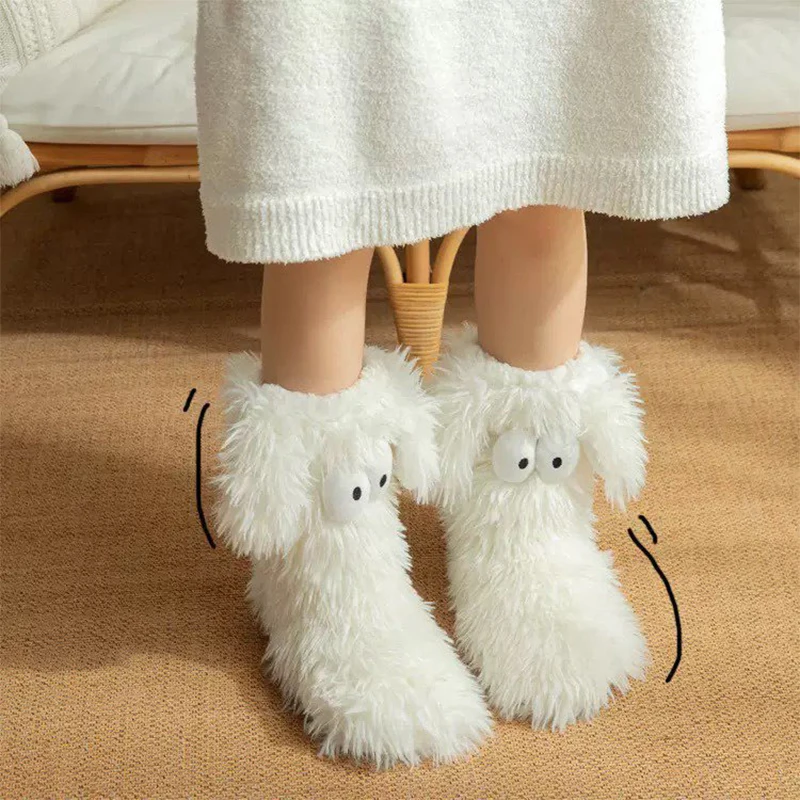 

Soft Big Eyes Slipper Socks with Puppy Ears Mid-Calf Cartoon Non-slip Floor Socks Thickened Warm Coral Fleece Socks Winter
