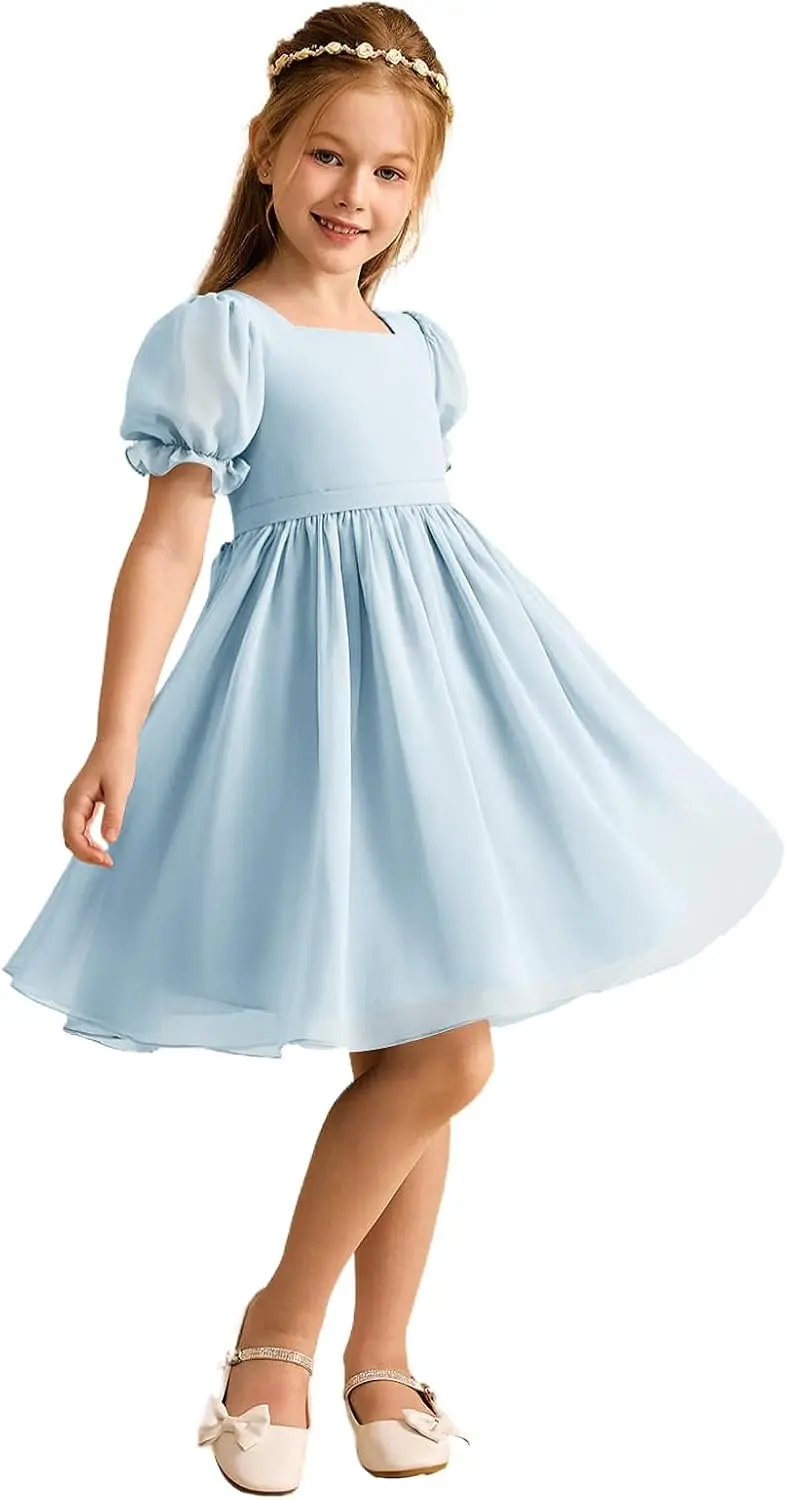 فستان وصيفة العروس للفتيات لحفلات الزفاف من الشيفون بأكمام قصيرة منتفخة فساتين فتاة الزهور للمراهقين مع فستان الأميرة للحفلات من الخلف