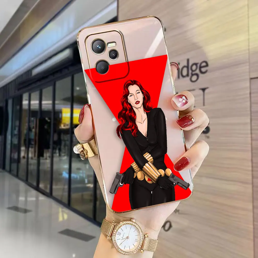 Cover Smooth E-TPU Phone Case For REALME GT 2 NEO3 MASTER 7 8 8I 9 9I 10 11 PRO C21Y C30 5G Case Cartoon Beautiful Black Widow