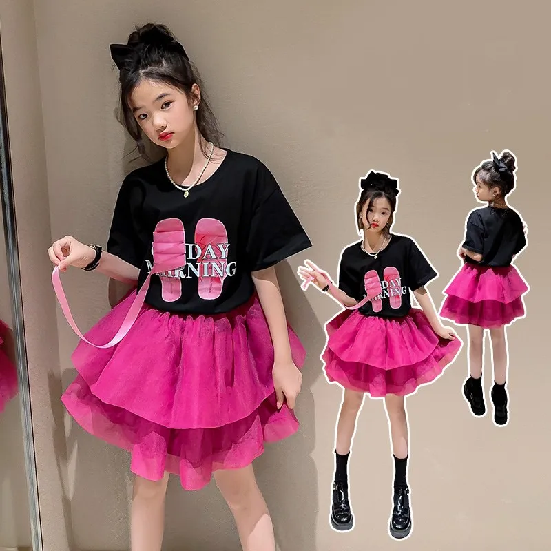 Princess Girls Summer Clothes T-shirt Skirts two pieces Outfits Black Slippers Pattern t shirts with Tutu puffy Mini Skirts Sets