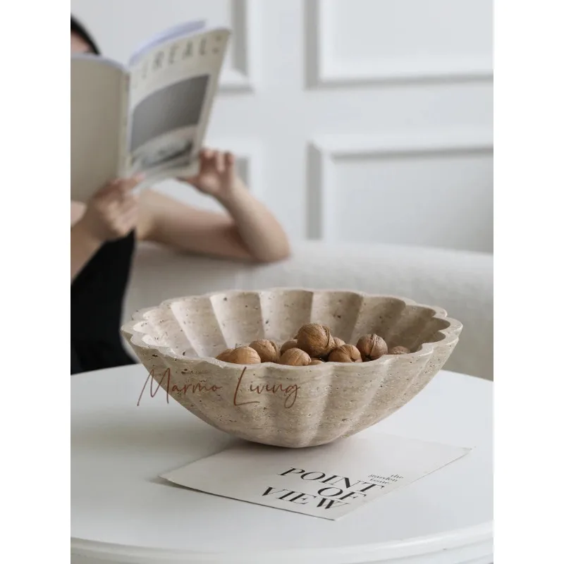 Large Travertine Serving Tray Decorative Ruffle Marble Fruit Bowl for Kitchen Counter and Living Room