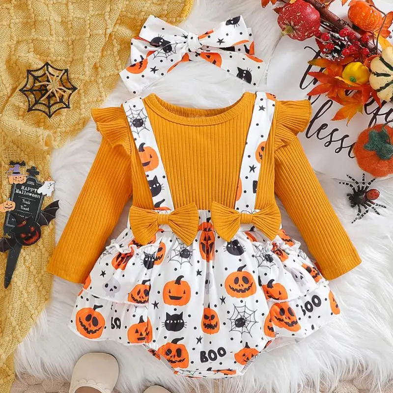 Spring and Autumn Girls\' New Pumpkin Love Cartoon Printed Dress Long Sleeve Skirt Halloween Christmas Cosplay Climbing Dress