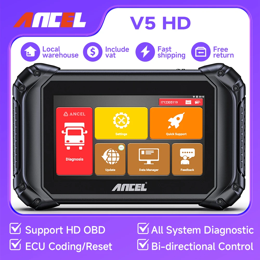 

ANCEL V5 HD Heavy Duty Truck Diagnostic Tool All System ECU Coding BI-Directional OBD2 Truck Scanner PK ANCEL X7 HD