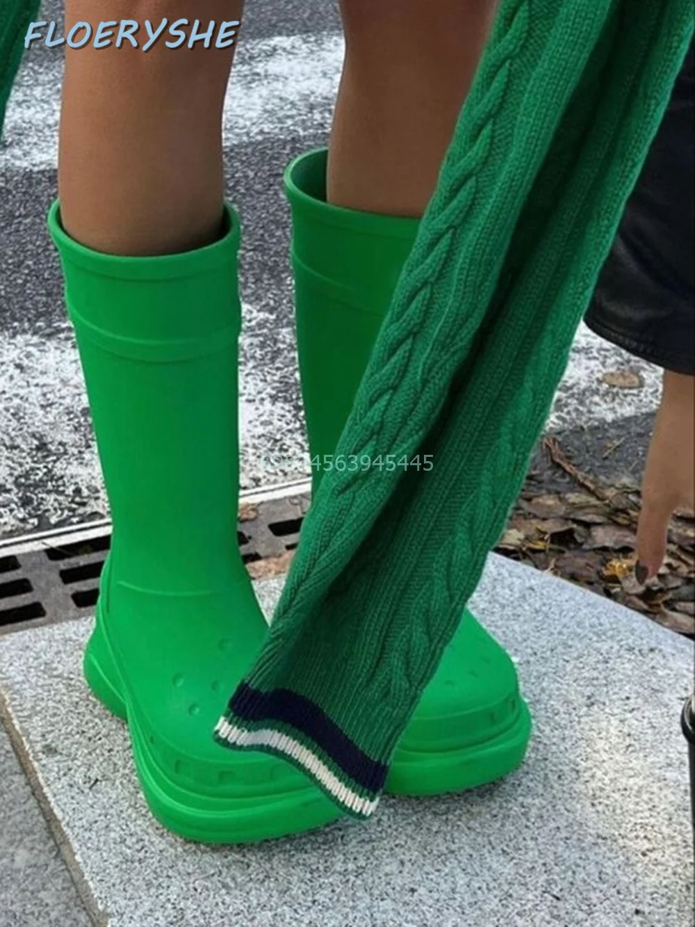 

Thick Street Rainboots Solid Mid-calf Slip On Round Toe Green Black Pink White 2024 Trends Women's Boots Height Increasing New