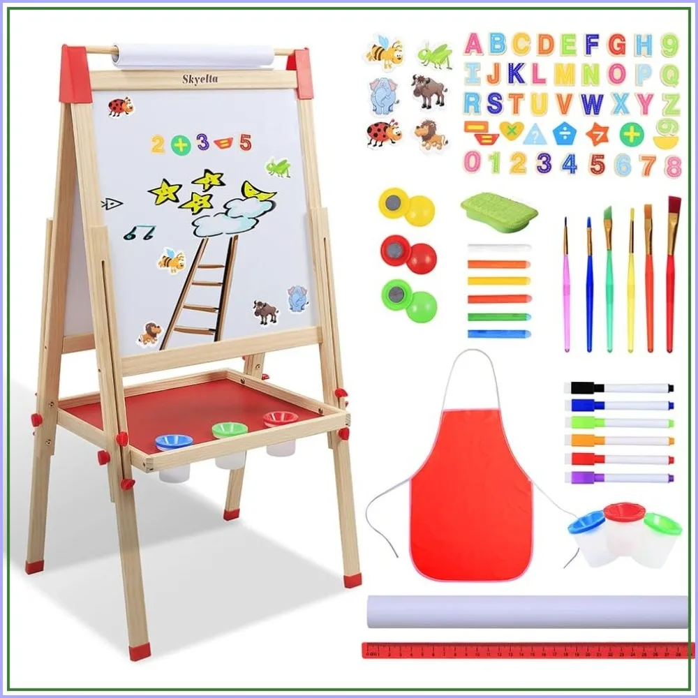 Double-Sided Kids Art Easel with Magnetic Board, Adjustable Height, 100+ Accessories, Gift for Ages 4-12