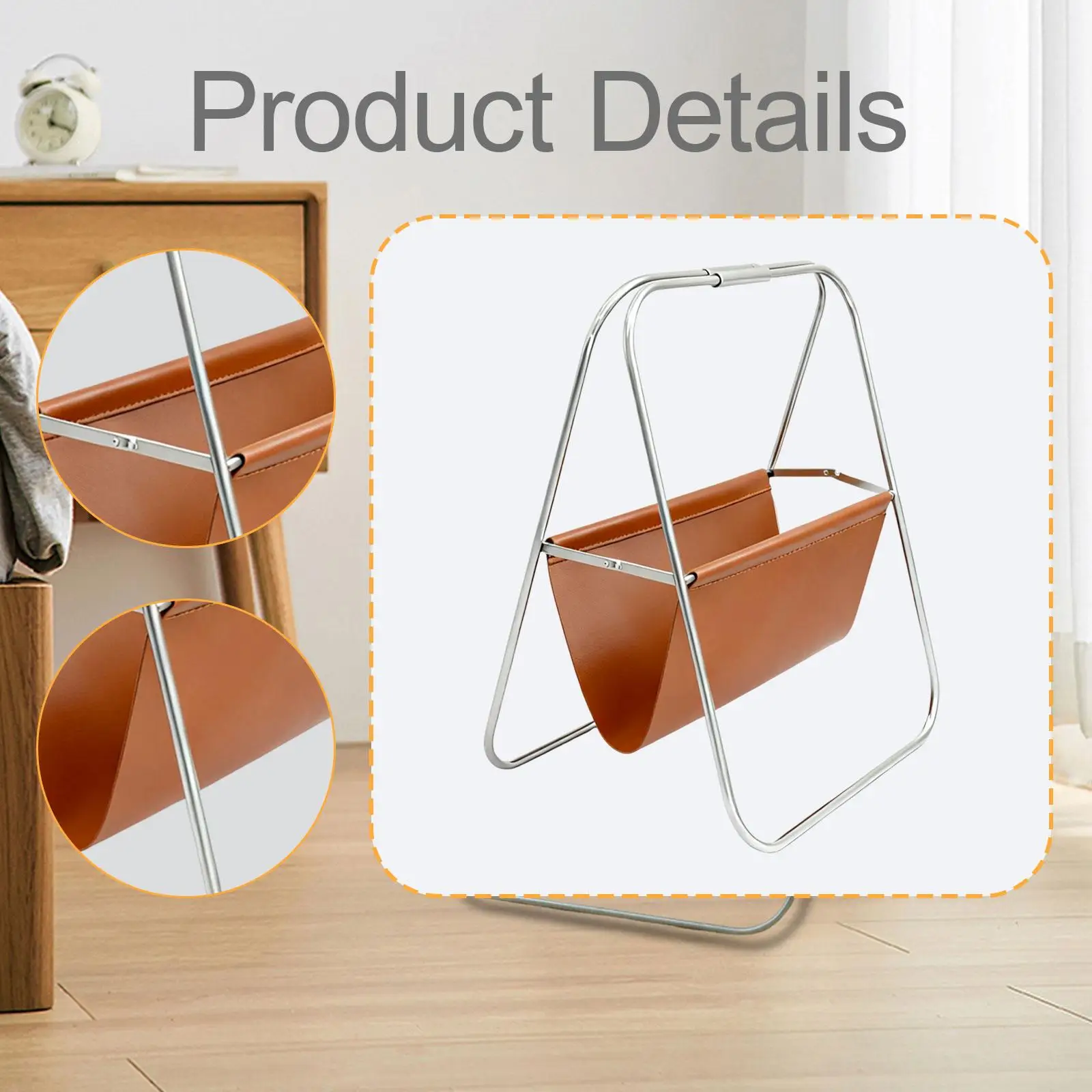 Magazine Rack Display Versatile Decorative Foldable PU Leather Information Rack Stainless Steel for Bedroom DEN Office Bathroom