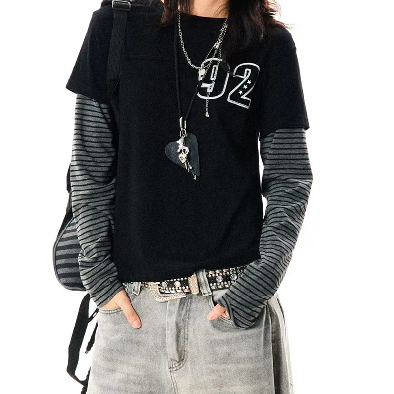 

Женская повседневная рубашка 2000-х годов Y2k, готические топы с длинным рукавом и круглым вырезом в полоску со звездами, винтажные эстетические топы, модная уличная одежда в стиле гранж