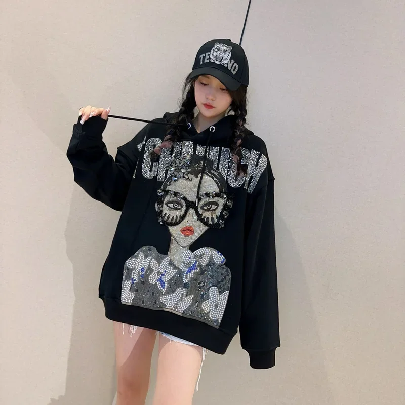 Trendy Luxury Shiny Hot Drilling Female Sweatshirt Streetwear Loose Hooded Pullover Top Glasses Girl Diamonds Women Black Hoodie