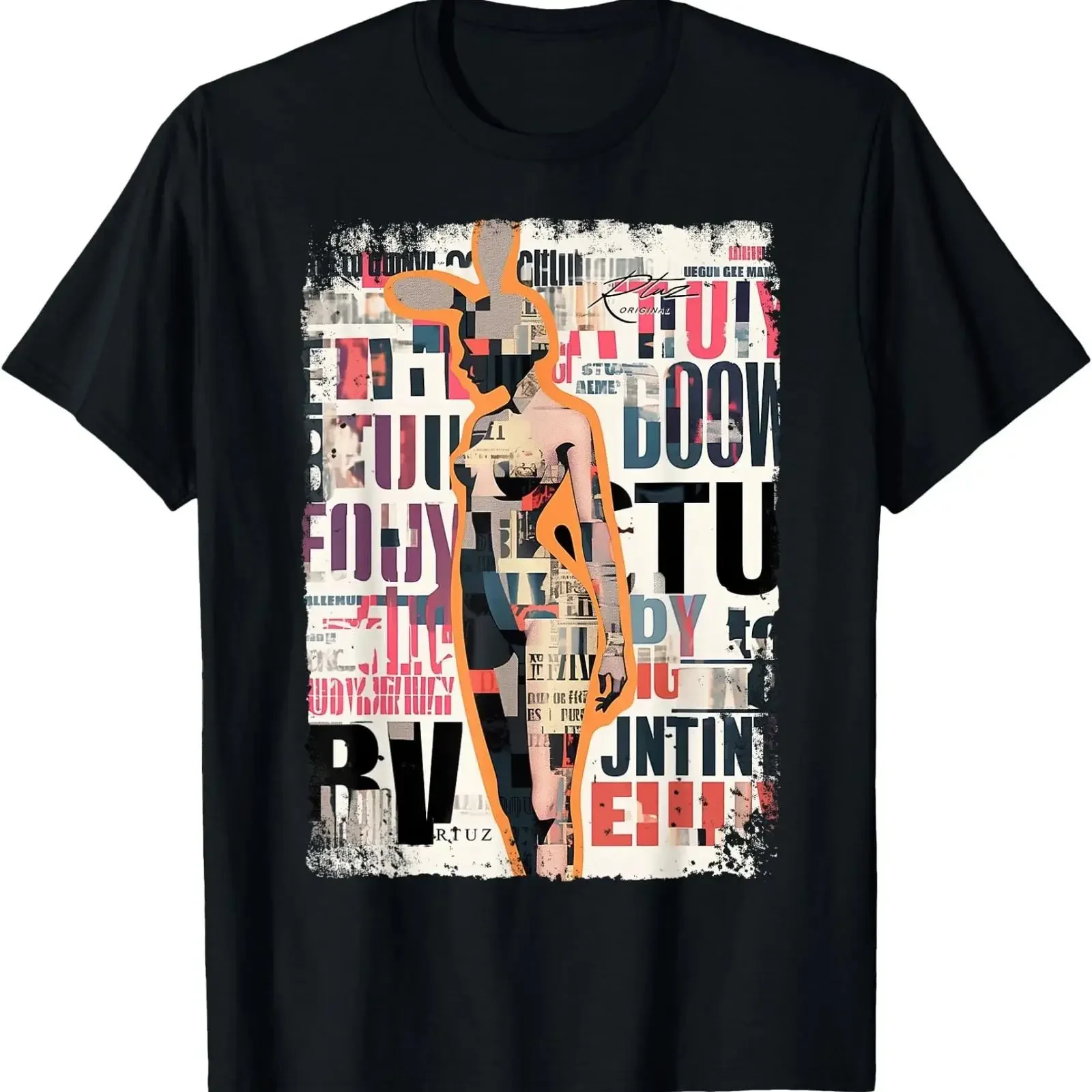 Magazine Cover Vintage Girl Bunny Collage Sexy Model Pin Up T Shirt vintage Washed Stretched Top For Everyday Wear Breathable