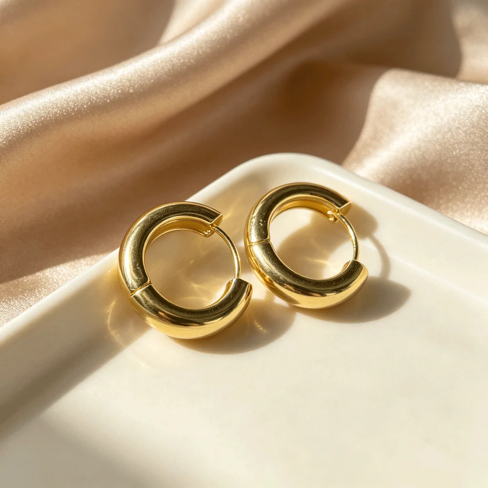 Gold & Silver Plated Smooth Chunky Round Hoop Earrings, Women's Daily Minimalist Stackable Party Wedding Jewelry Gift for Her view 3