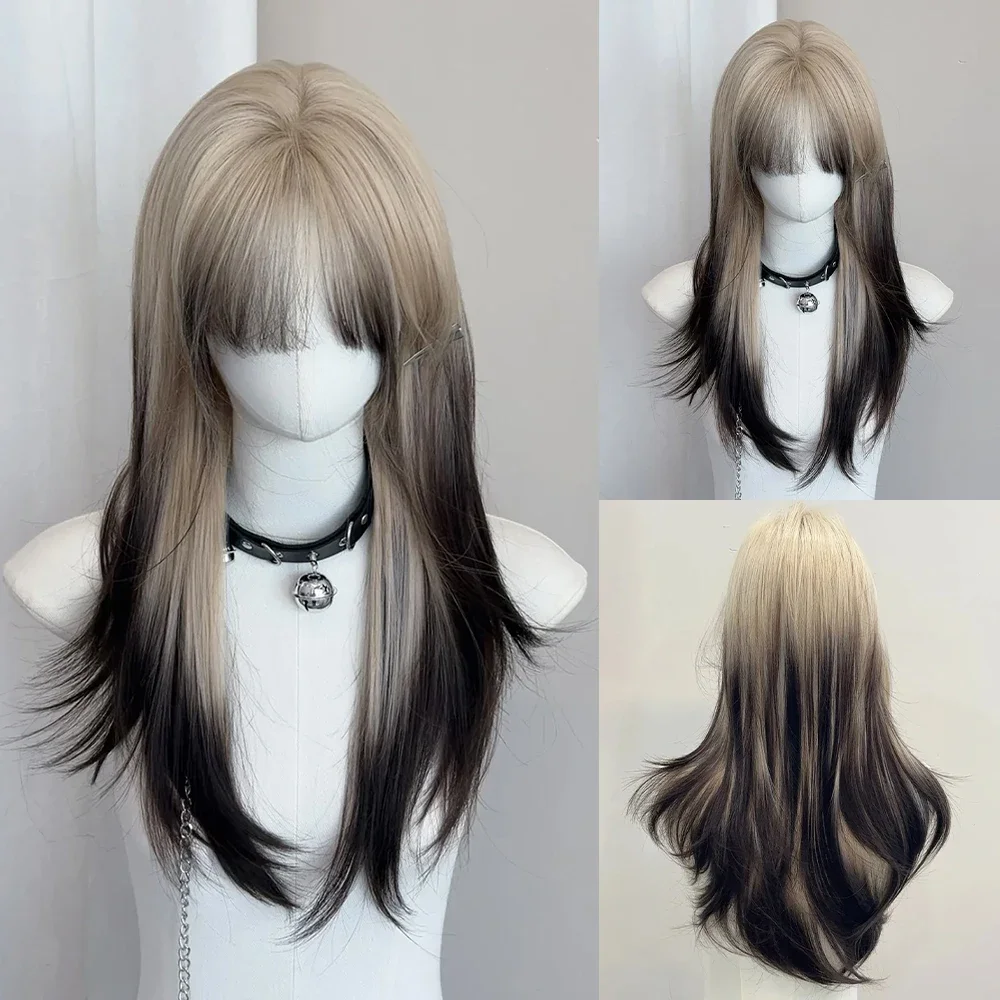 Layered Ombre Blonde Black Synthetic Long Straight Wig Ladies Fluffy Cosplay Wig with Bangs Lolita Daily Party