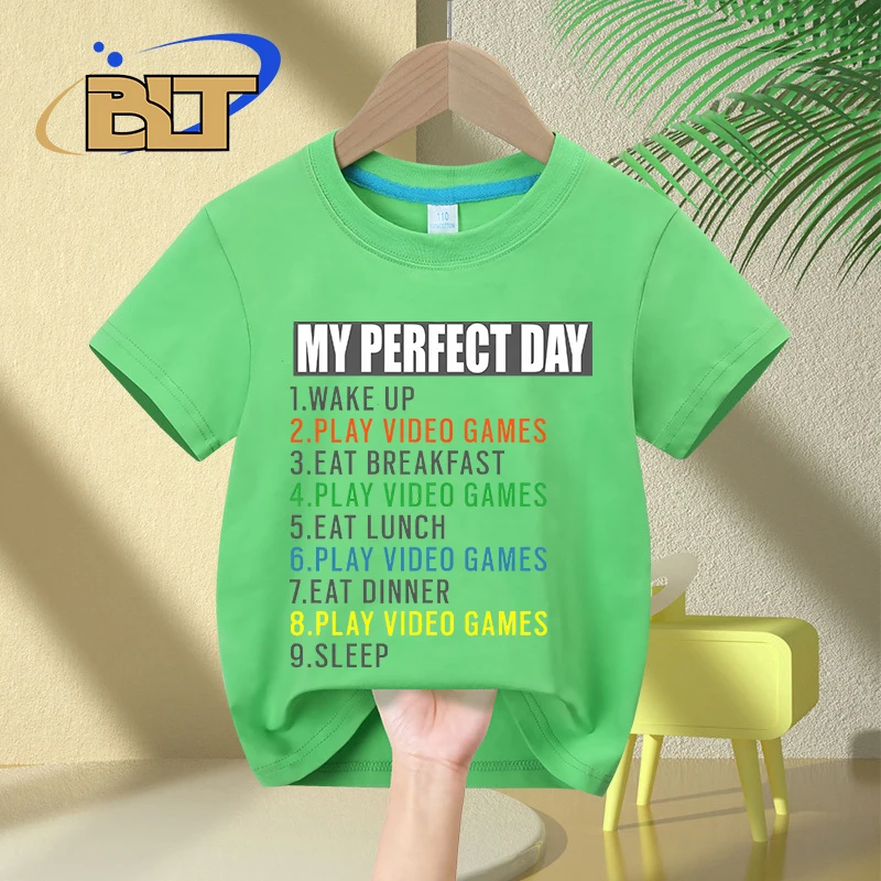 Camiseta impressa My Perfect Day para meninos e meninas, algodão puro infantil, tops casuais de manga curta, presentes de verão