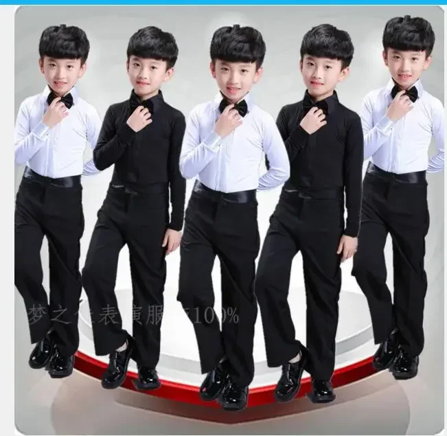 Boys Latin Dance Costume Ballroom Cha Cha Tango Stage Performance Costumes Children Black White Bow Top and Pant