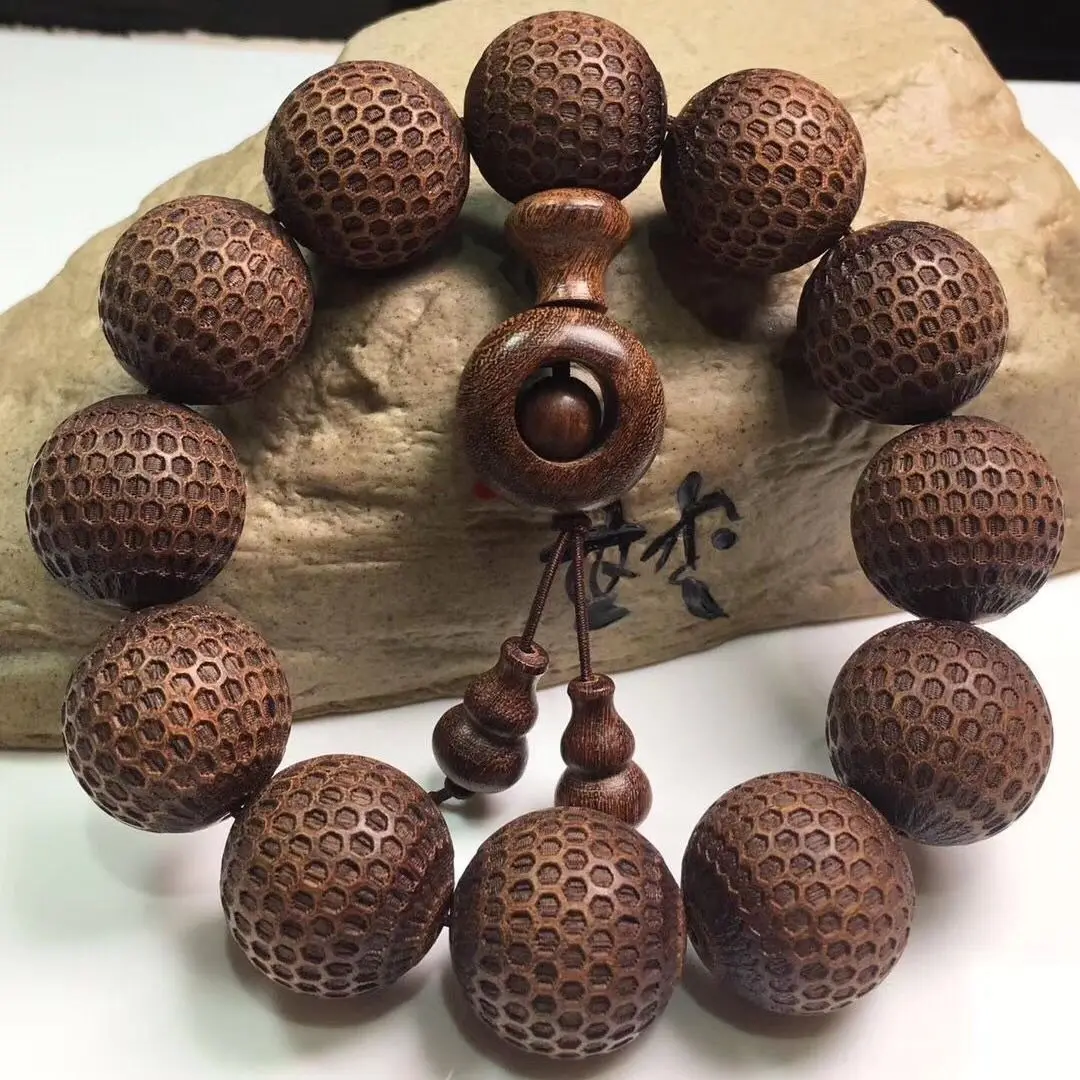 Golden Sandalwood Bracelet Carving Chinese Ethnic Style Time to Time Lotus Men and Women Buddha Beads Wen Play Walnut HandString
