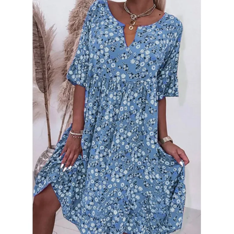 Vestido floral na altura do joelho feminino, decote em v, vestido estampado com flores, meia manga, solto, lazer, verão, nova moda, 2022