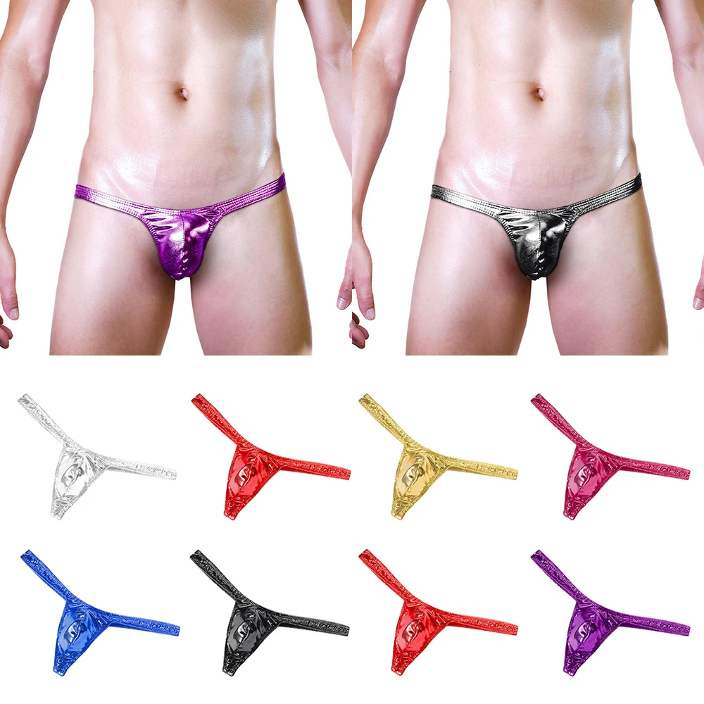 Male Panties Imitation Leather Sexy Briefs Breathable Thong Low-Rise G String Penis Pouch Underwear T-Back Underpants 2023 New