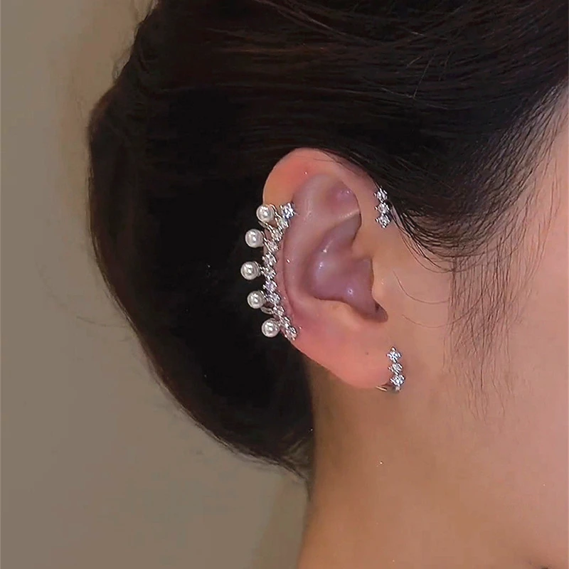 Fashion Imitation Pearl Without Piercing Earrings Silver Color Ear Clips Sparkling Zircon Ear Cuff Clip Earring Wedding Jewelry