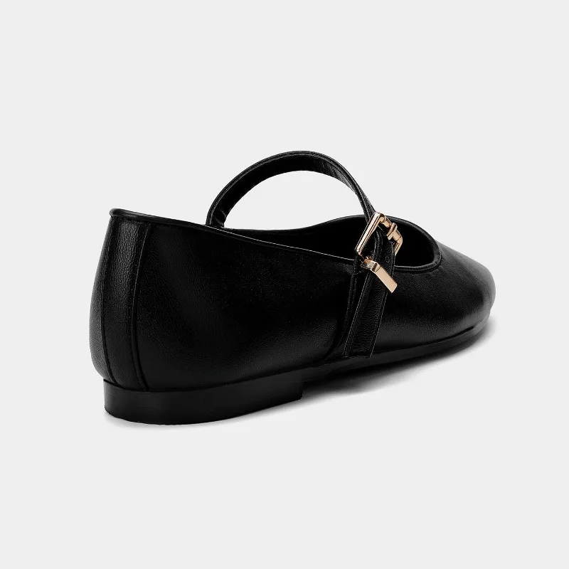 Autumn Soft Leather Women Mary Jane Shoes Round Toe Shallow High Quality Retro Concise Design Metal Belt Buckle Ballet Flats