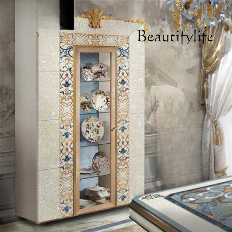 Luxury French solid wood shell inlaid double door wine cabinet European villa restaurant decorative cabinet glass storage