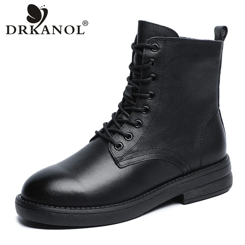 

DRKANOL Fashion Women Thick Heel Boots Autumn Winter Warm Round Toe Genuine Cow Leather Zipper Casual Ankle Boots For Ladies