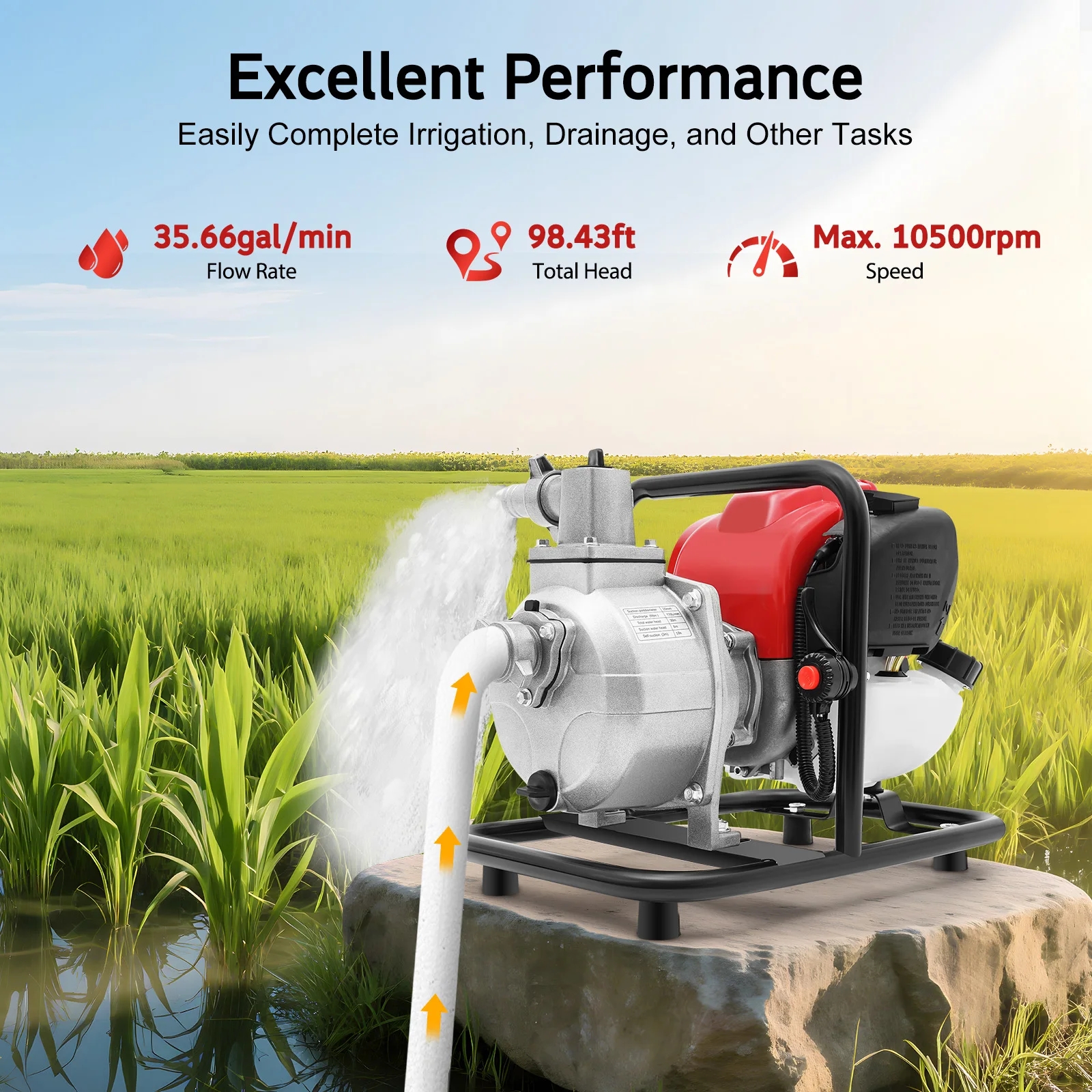1.2KW Water Pump Gasoline Engine Water Pump 135L/min Flow & 30m Head, Gasoline Powered for Farm & Fire Rescue Use