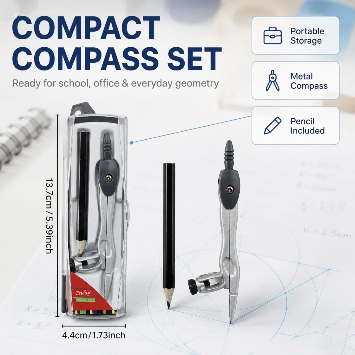 Compass Geometry Set - Metal Compass Basic 2‑Piece Set, Drafting