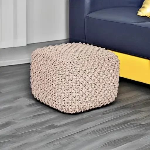 Square Pouf Ottoman | Cotton Braided Foot Stool with Bean Bag Filling | Boho Foot Rest for Living Room, Bedroom