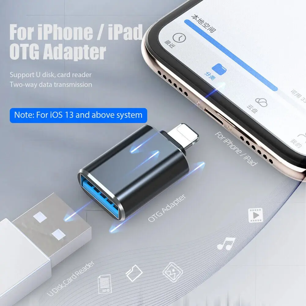 Adaptador USB 3,0 a Lightning OTG de 8 pines para iPhone 14 13 12 11 XR, adaptador de carga rápida IOS macho a USB hembra para IOS 13 superior