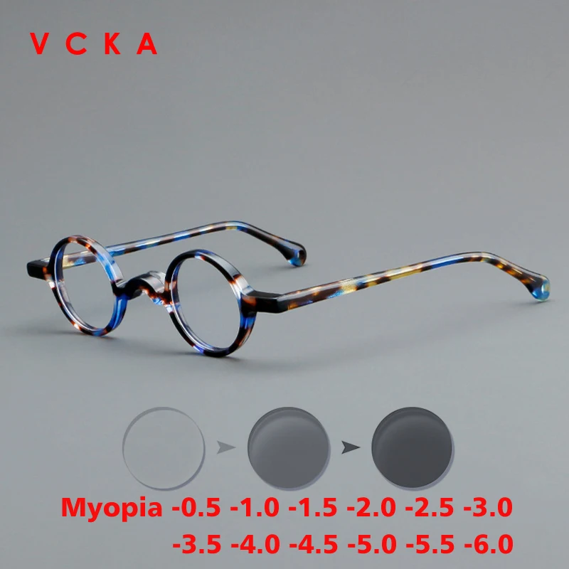 VCKA Photochromic Acetate Myopia Glasses Men Retro Small Round Frames Women Custom prescription Anti-Blue  Eyewear -0.5 TO -10