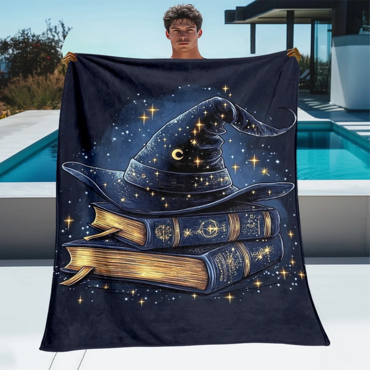 A Single Wizard Hat Along with Books on a Dark Blanket - a Lightweight Flannel Bedding Option Ideal for Sofas, Beds, Travel, Cam