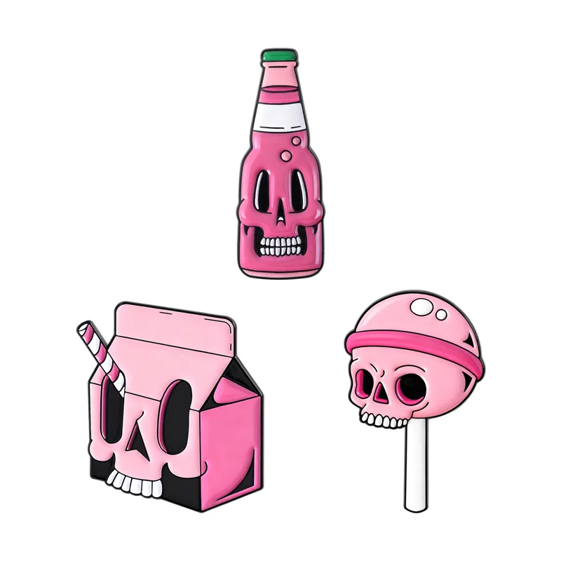 3pcs Pink Skull Drinks Enamel Pin Set Brooches for Backpack Clothing Jewelry