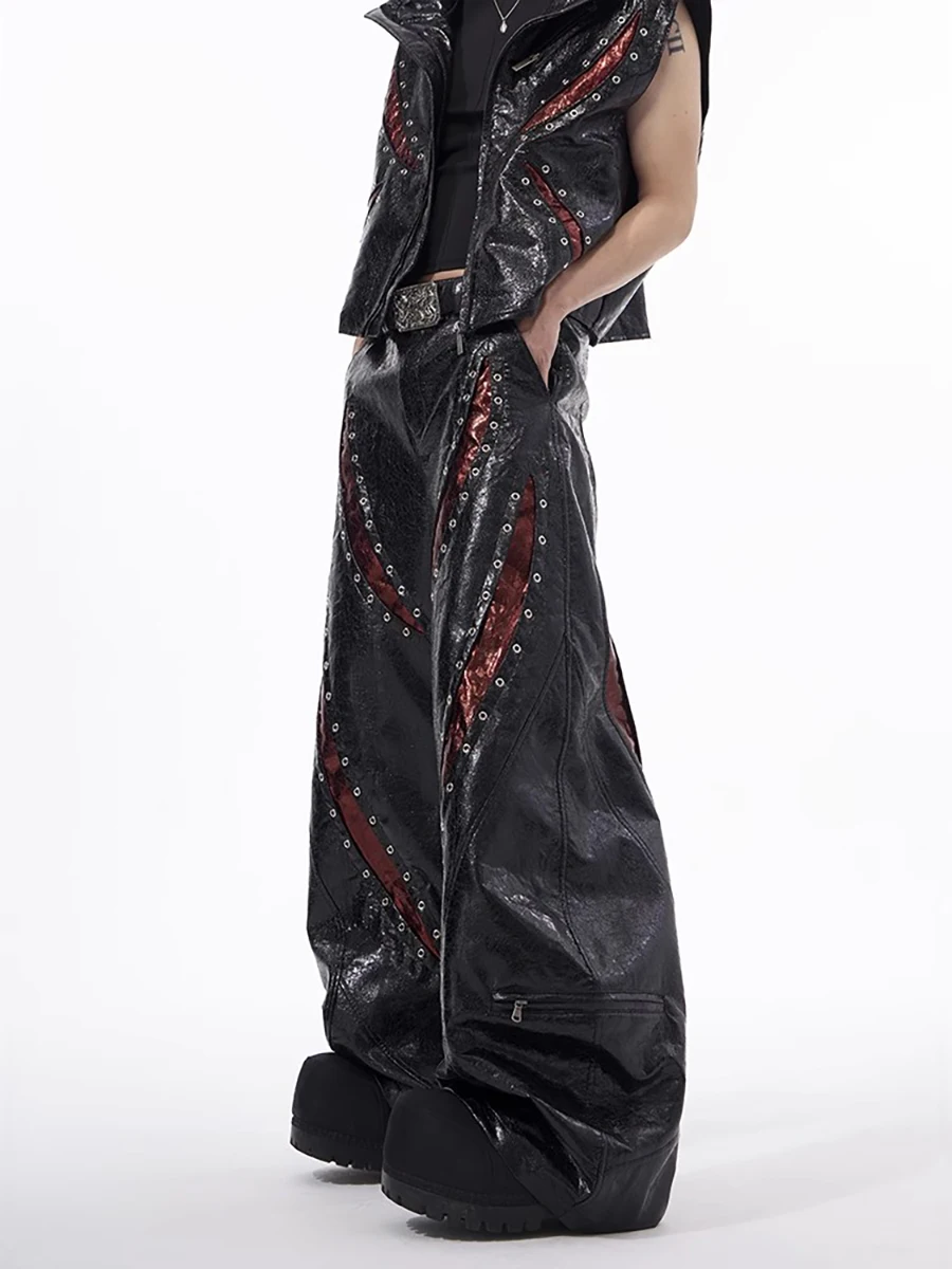 

Mauroicardi Autumn Long Color Block Pu Leather Twisted Belted Pants Men Rivet Luxury Designer Punk Style Emo Clothes Streetwear