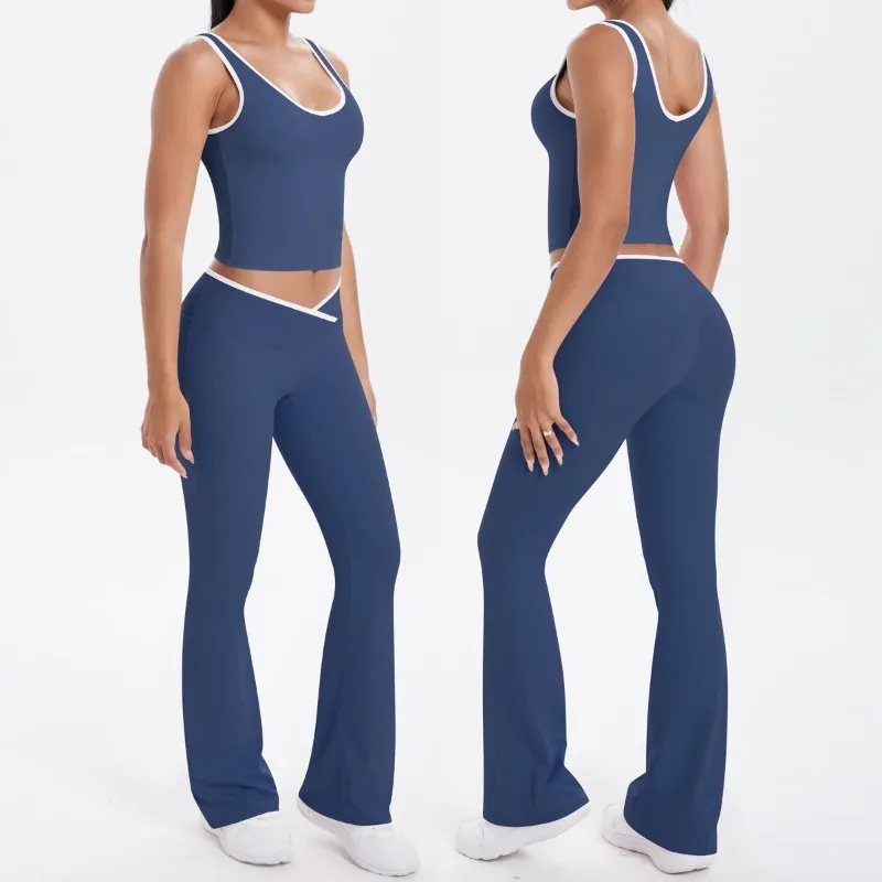 

Women's Color Blocked Yoga Set Tight Back Breathable Cross Leg Set Outdoor Sports Running Leisure Fitness Clothing