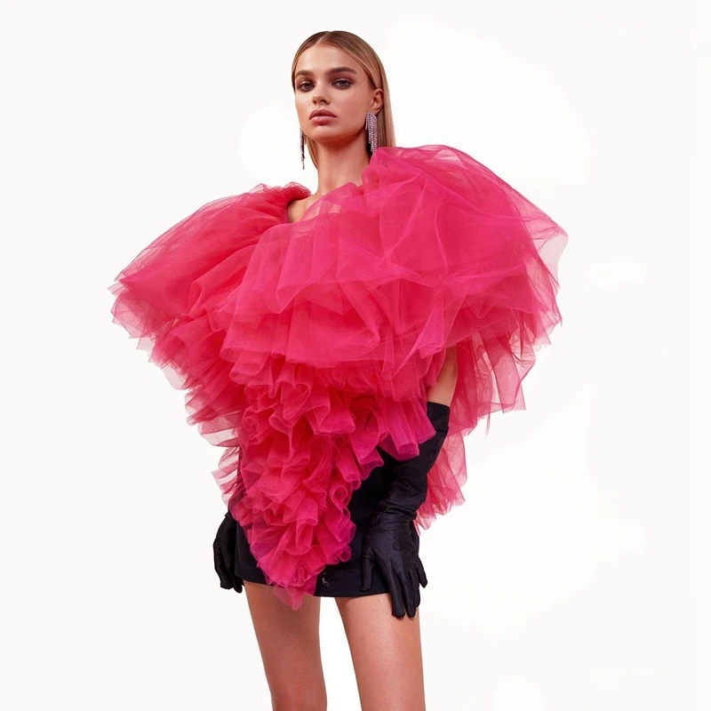 

Very Fluffy Tulle Women Summer Dresses Fashion Rose Red Mesh Mini Prom Dress Unique V Neck Ruffles Short Cocktail Party Gowns