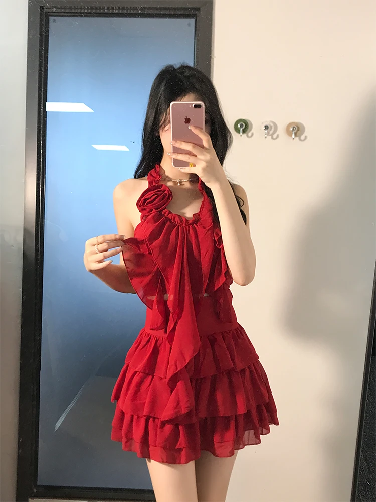 

Pure Desire Sexy Girl Slimming Set Red Summer 2026 New Style Women's Top with Lace Hem Short Skirt Two-Piece Suit