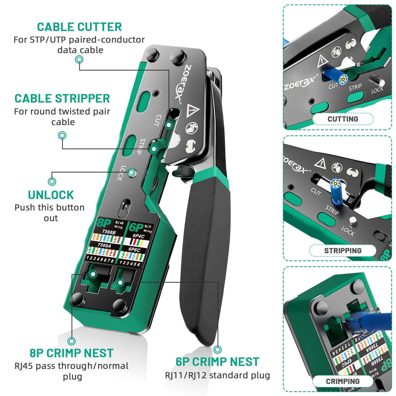 Imagem -02 - Zoerax Pass Through Crimper Cutter Conector Modular Ethernet Tudo-em-um Fio Ferramenta Rj45 Cat6 Cat5 Cat5e 8p8c