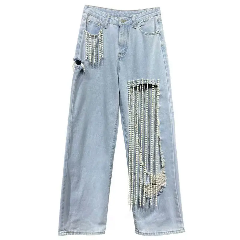 Fashion Women's Beaded Straight Pants Baggy High Waist Zipper Pockets All-match Trousers Female 2025 Spring Y2k Lady Streetwears