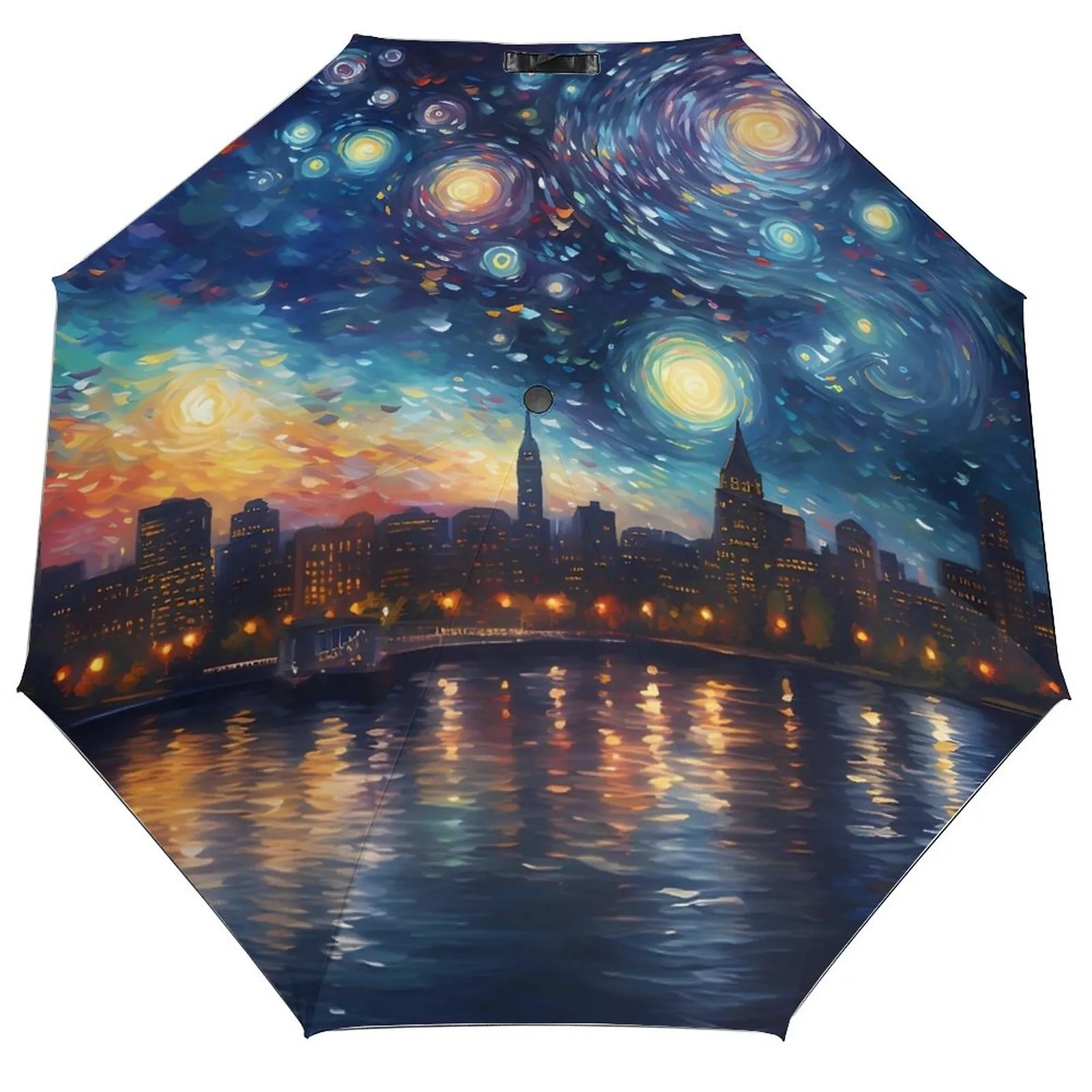 Starry Night Print Umbrella Boston Skyline UV Protection Auto Umbrella Elegant Print Folding Camping Umbrella