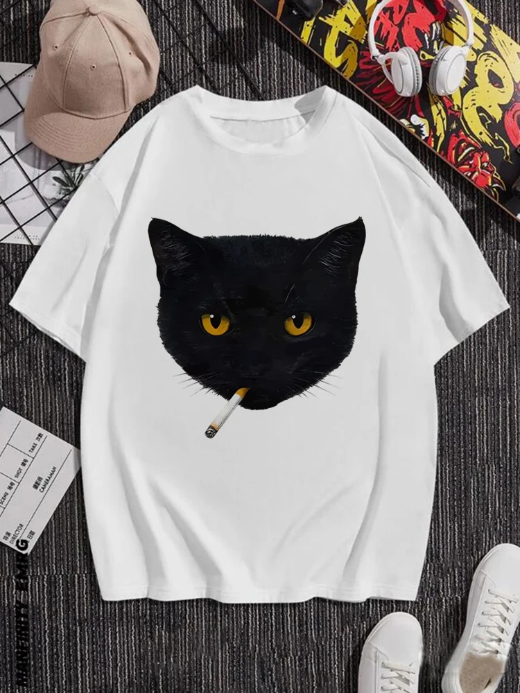 

Женская уличная белая футболка с короткими рукавами и забавным рисунком курящего кота, модная обычная универсальная футболка, летняя повседневная базовая футболка