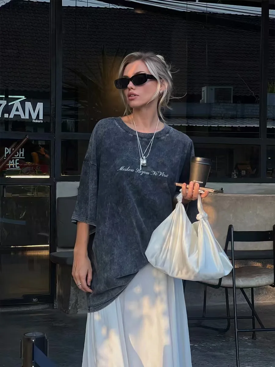 

Waed Vintage Loose ort Sve T-irt Letter Print Commute Sle Cotton Summer Top Women's Faion round Ne Tee