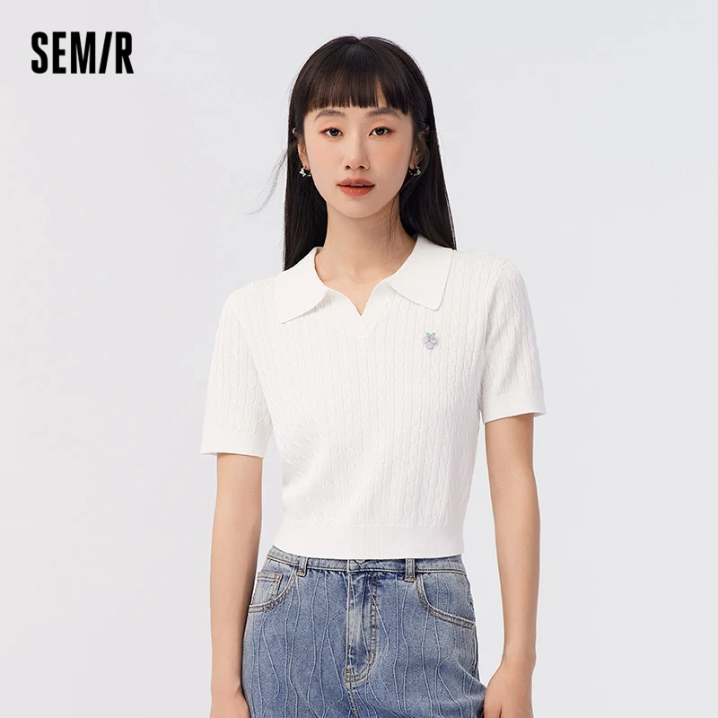 Semir Women Short Sleeve Sweater Short Fit Sweetheart 2024 Summer New Twisted Blossom Sweater Soft Style