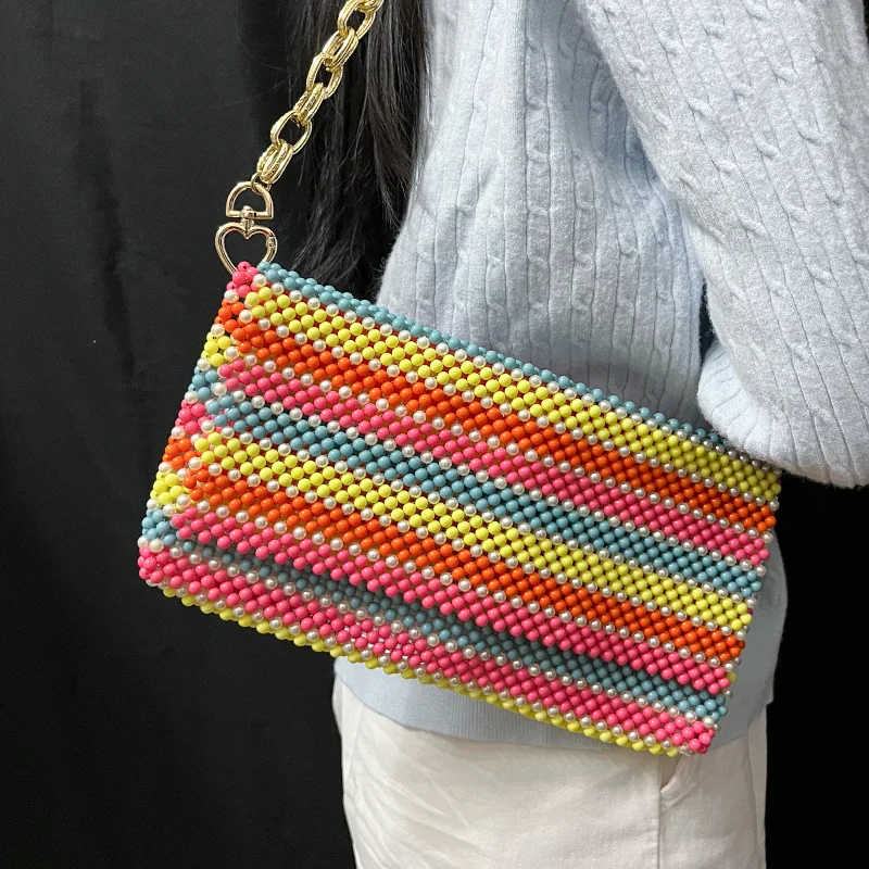 

Trend Women's Handmade Rainbow-colored Beaded Shoulder Bags 2026 Fashionable Design Flip-top Gold Chain Underarm Bag Summer