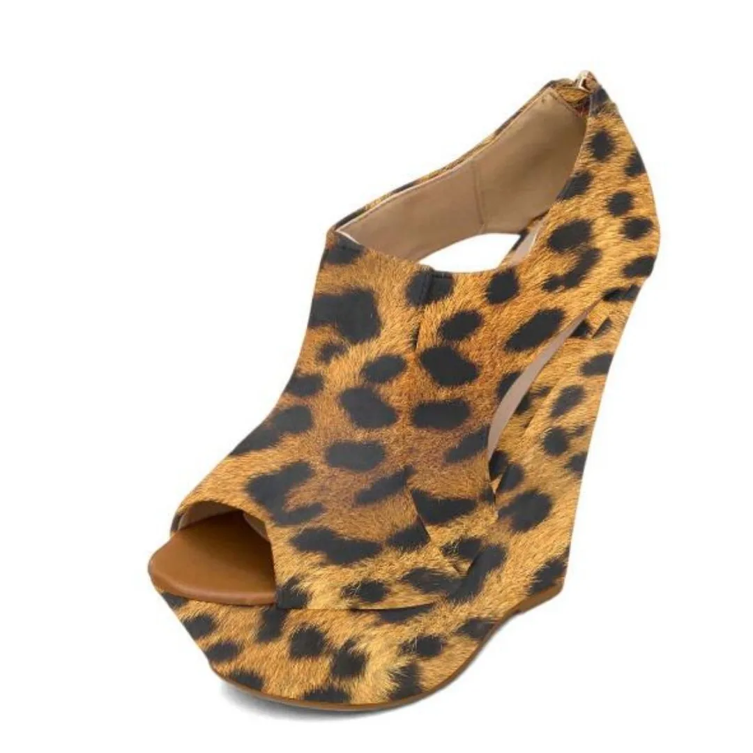 SHOFOO shoes Fashion women's sandals. Leopard print. About 15 cm heel height. Wedge sandals. Summer women's shoes. Large size