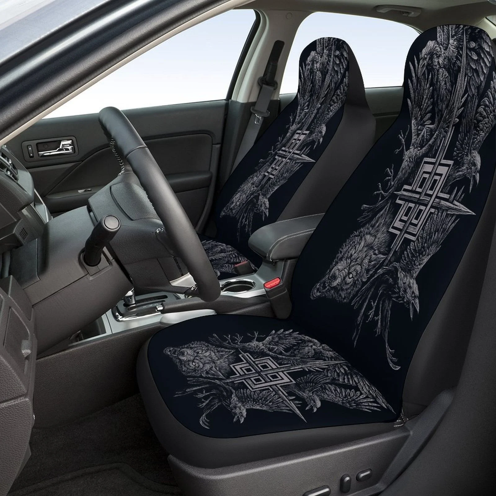 Car Seat Cover Set Featuring Wolves And Ravens, Suitable For Various Vehicles. Stylish And Durable, This Complete Set Includes C