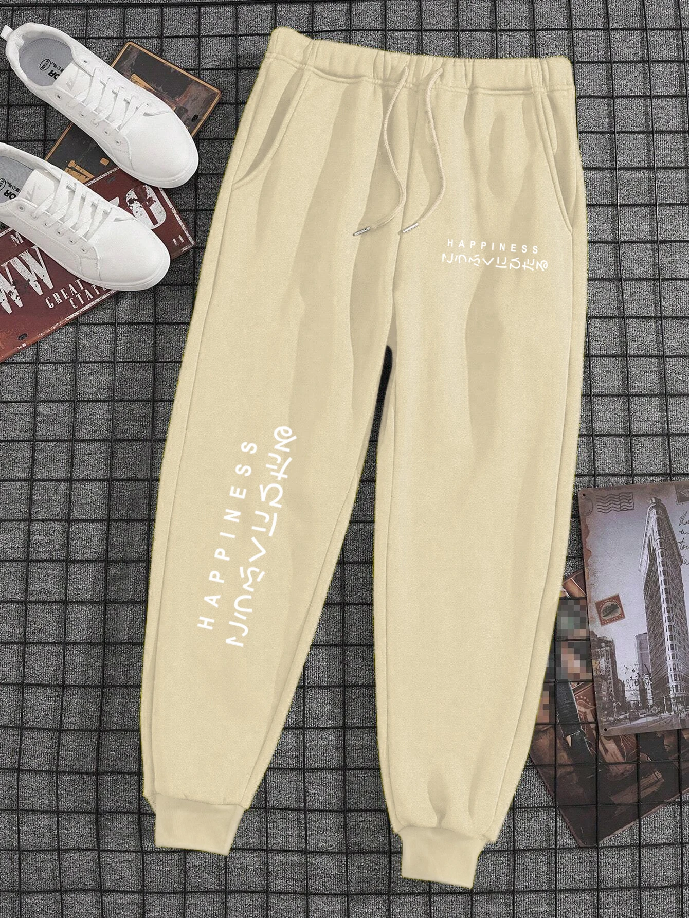 Happiness Letter Prints Male Womale Sweat Pants Pocket Y2K Trousers Leggings Jogging Sweatpant Drawstring Running Pants Couple