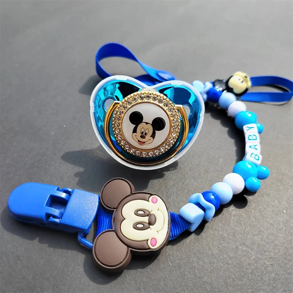 [Bead chain can be customized]Bling Bling Mickey Mouse Baby Pacifier with pacifier clip Luxury pacifier Baby bath gift for 0-24M