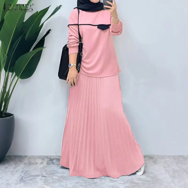 ZANZEA Muslim Womens Modest Skirt Suits Hijabs Long Sleeve Color-Block Blouse & Pleated Maxi Skirt 2 Pieces Sets Ramadan Outfits